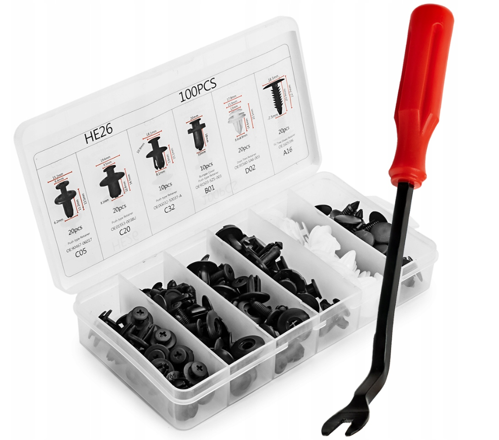 Zestaw Uniwersalnych Spinek Samochodowych 100 Sztuk + Ściągacz Wyjmak