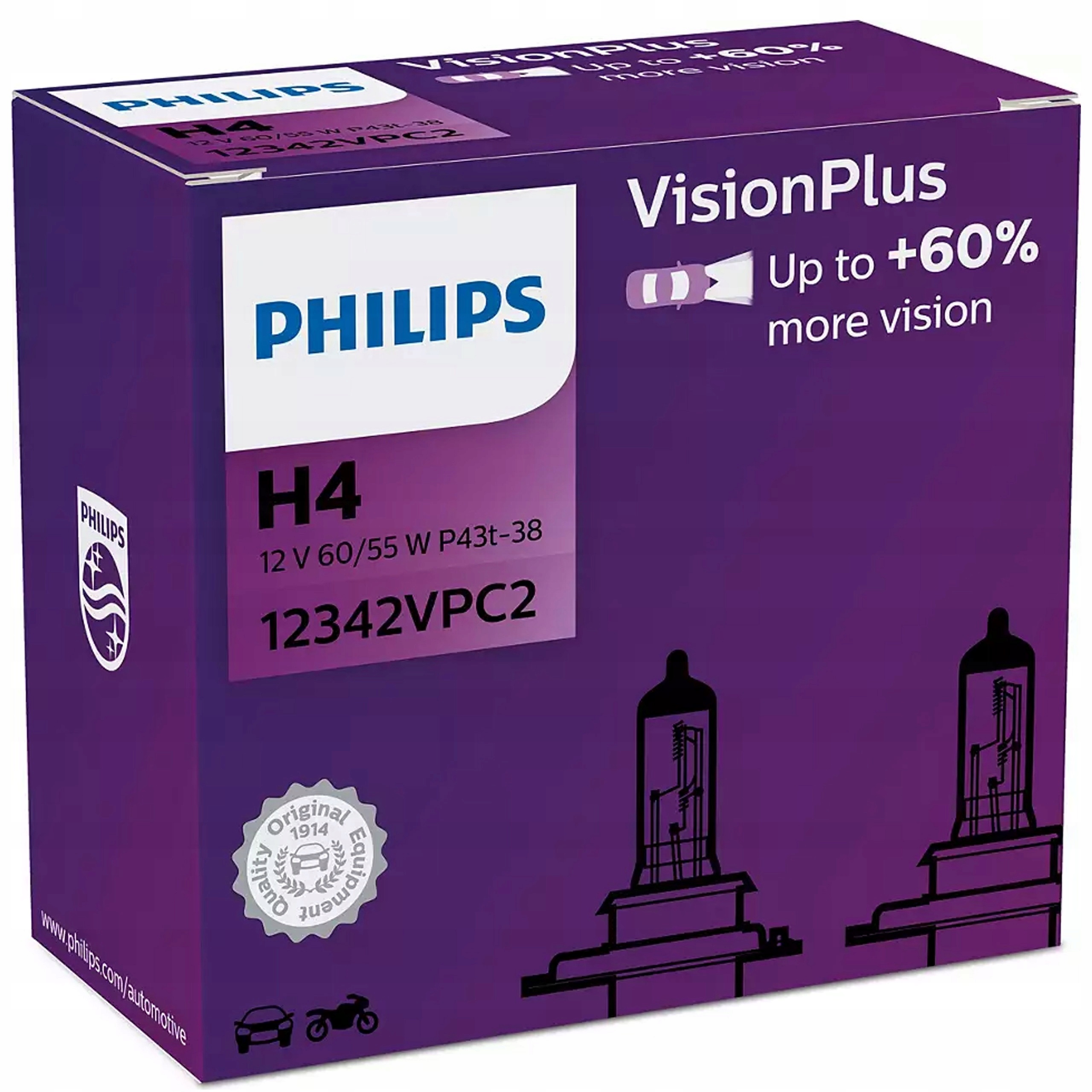 PHILIPS 2xŻARÓWKI H4 VISIONPLUS 60% WIĘCEJ ŚWIATŁA PH 12342VPC2