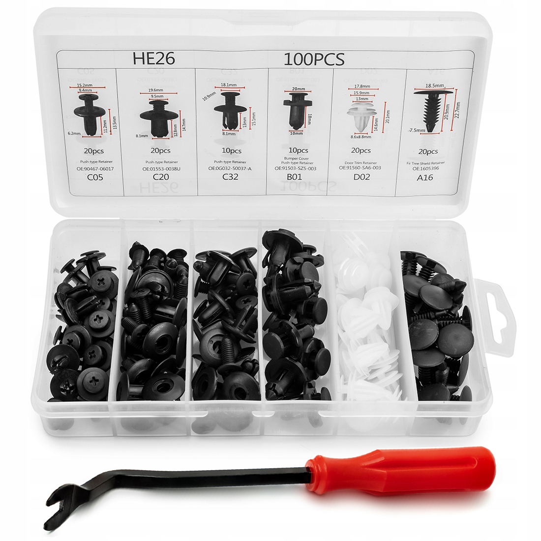 Zestaw Uniwersalnych Spinek Samochodowych 100 Sztuk + Ściągacz Wyjmak - obrazek 2